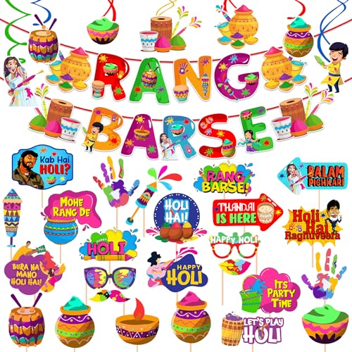 Zyozique ®Holi Decoration Items for Holi Party Decorations - Rang Barse Paper Banner, Swirls with MultiColor Photo Booth Props (Pack Of 33) - Image 1