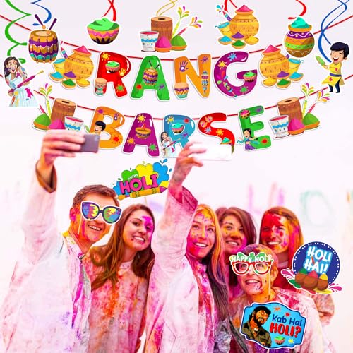 Zyozique ®Holi Decoration Items for Holi Party Decorations - Rang Barse Paper Banner, Swirls with MultiColor Photo Booth Props (Pack Of 33) - Image 5