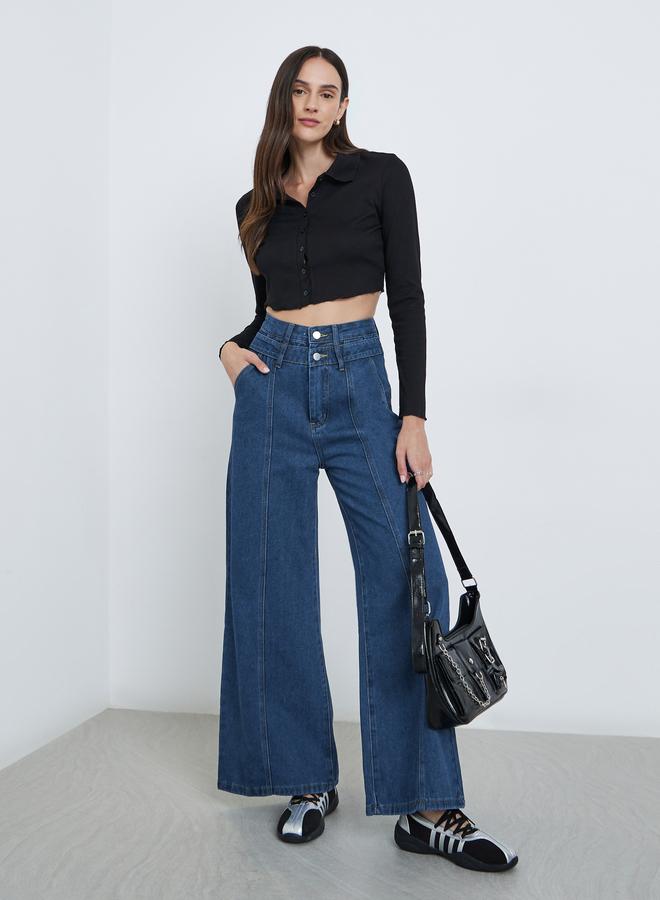 ستايلي جينز واسع الساق بخصر عالٍ وتفاصيل درزة أمامية - Image 1