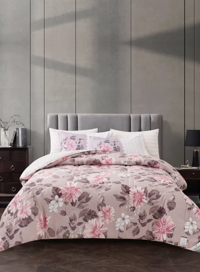 Donetella Printed Comforter Set 4-Pcs Single Size All Season Decorated Reversible Single Bed Comforter Set Fits (140 X 200 Cm)With Super-Soft Down Alterntaive Filing,Pinkish Grey