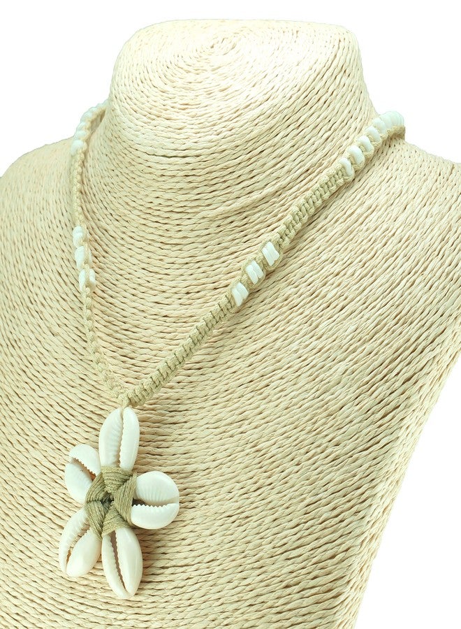 BlueRica Cowrie Shells Flower on Tan Cord Macrame Necklace with Puka Clam Shell Beads - Image 4