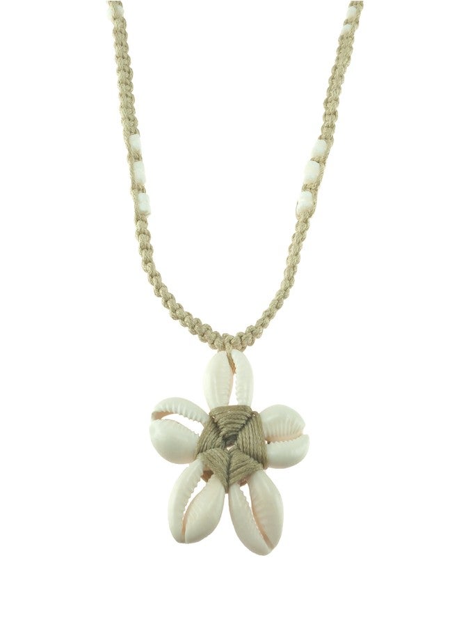 BlueRica Cowrie Shells Flower on Tan Cord Macrame Necklace with Puka Clam Shell Beads - Image 2