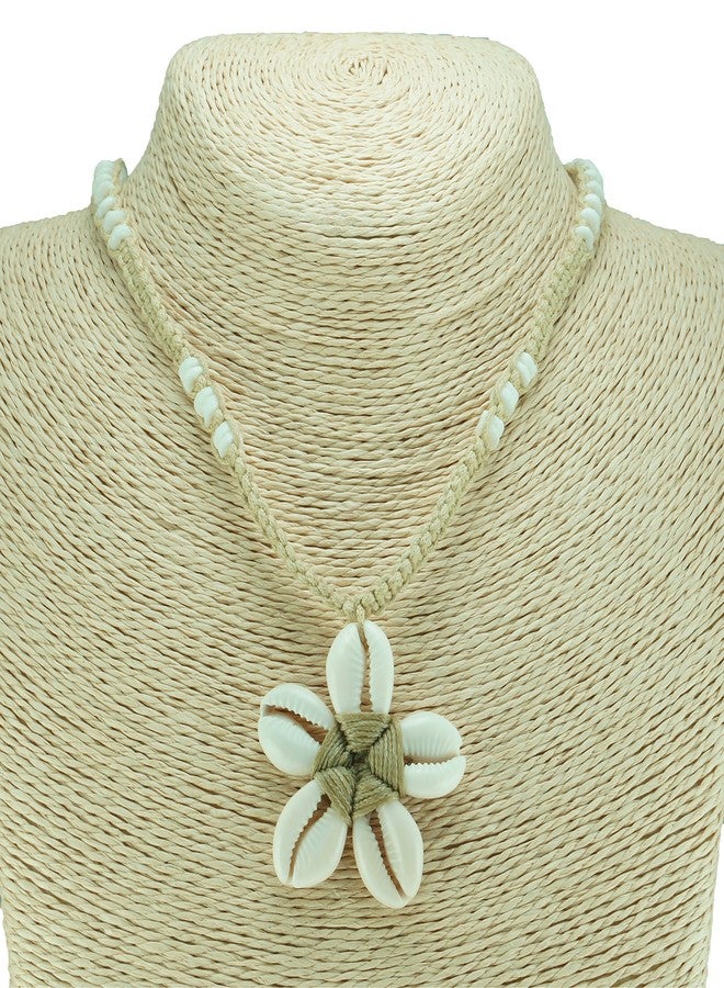 BlueRica Cowrie Shells Flower on Tan Cord Macrame Necklace with Puka Clam Shell Beads - Image 3