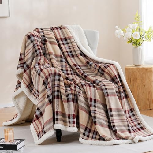 PU MEI Sherpa Fleece Throw Blanket 80" x 90" Reversible Plush Fluffy Large Big Blanket Lattice Flannel Blankets for All Season Use, Beige Stripe - Image 1