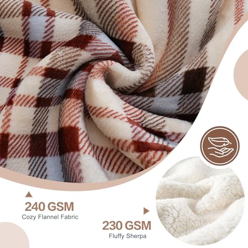 PU MEI Sherpa Fleece Throw Blanket 80" x 90" Reversible Plush Fluffy Large Big Blanket Lattice Flannel Blankets for All Season Use, Beige Stripe - Image 4