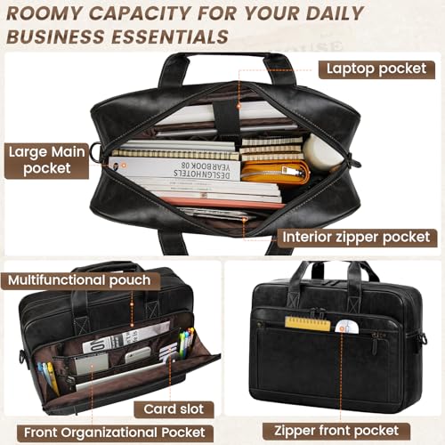 RAINSMORE Mens Laptop Bag 16 Inch Leather Briefcase Vintage Messenger Bag for Men Large Crossbody Shoulder Office Computer Bag Retro College Satchel for Work, Business,Travel, Black - Image 4