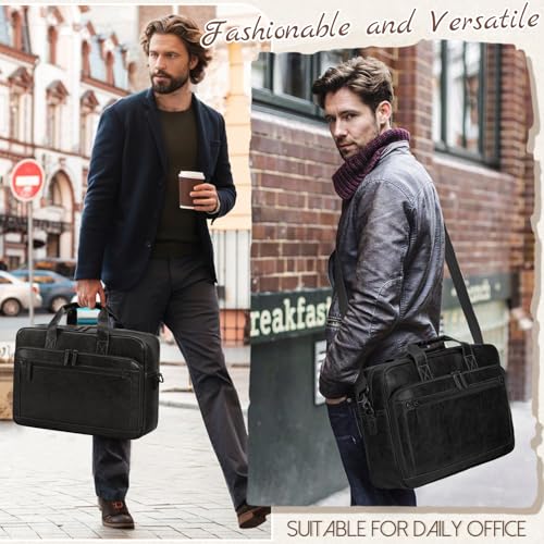 RAINSMORE Mens Laptop Bag 16 Inch Leather Briefcase Vintage Messenger Bag for Men Large Crossbody Shoulder Office Computer Bag Retro College Satchel for Work, Business,Travel, Black - Image 2