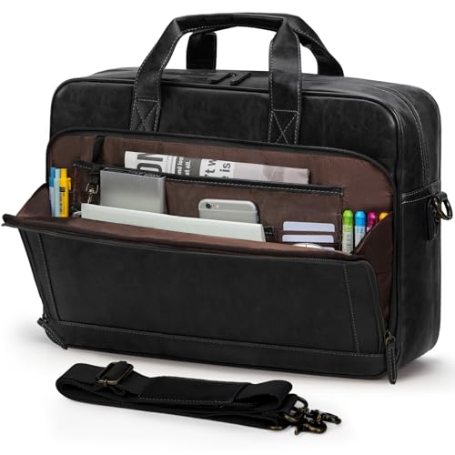 RAINSMORE Mens Laptop Bag 16 Inch Leather Briefcase Vintage Messenger Bag for Men Large Crossbody Shoulder Office Computer Bag Retro College Satchel for Work, Business,Travel, Black - Image 1