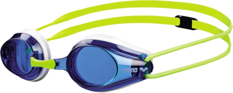Arena Tracks Unisex Junior Youth Essential Racing Swim Goggles Kids Swimmers Young Racers 6-12 Anti-Fog Coated Non-Mirror Lens, Blue/White/Fluo Yellow