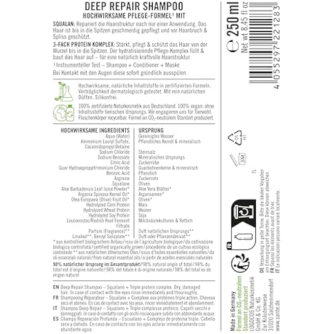 DEEP REPAIR SHAMPOO SQUALANE + TRIPLE PROTEIN COMPLEX, VEGAN CARE SHAMPOO FOR SMOOTH AND SHINY HAIR, REPAIRS DRY, DAMAGED HAIR, 250 ML - Image 2