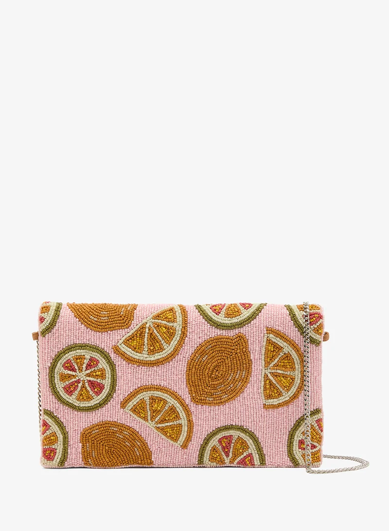 Embroidered Beaded Fruit Print Clutch