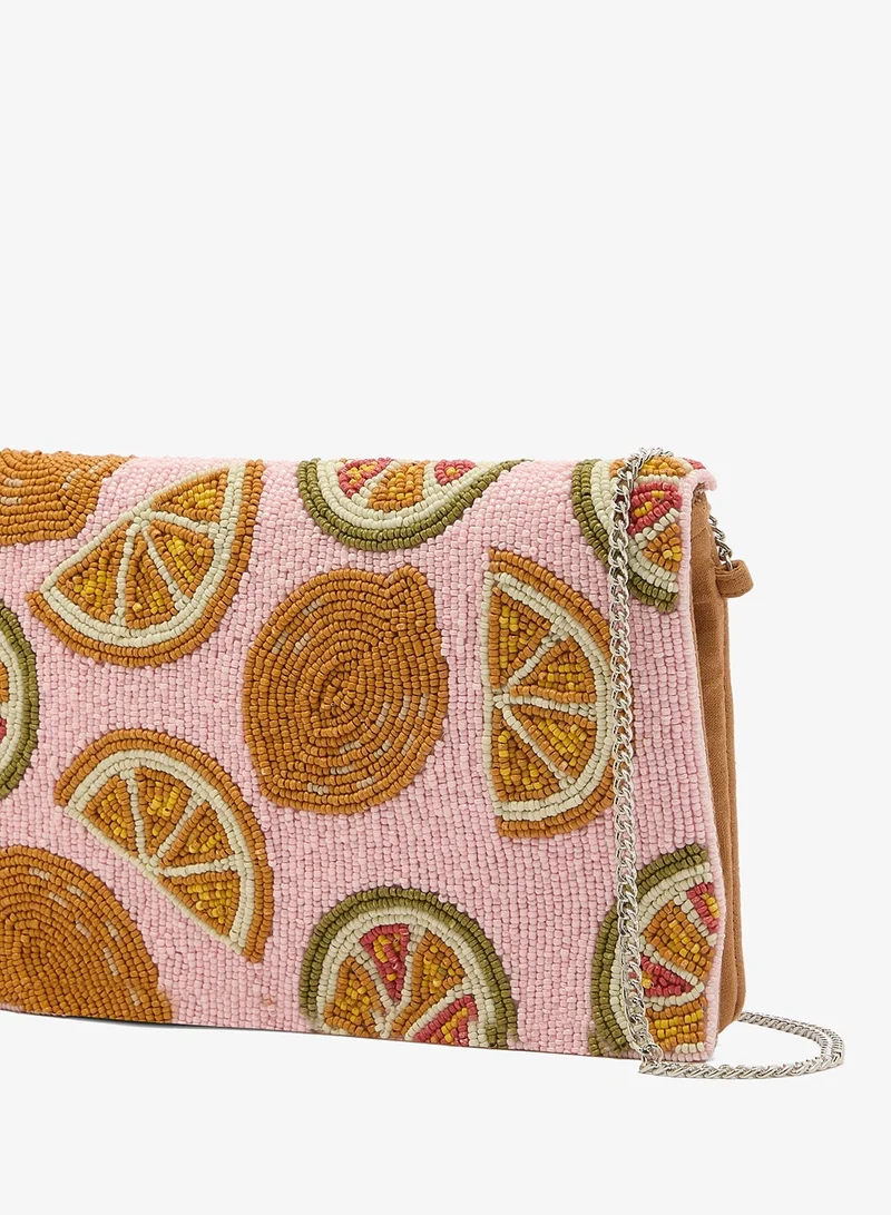 Ginger Boutique Pink Embroidered Beaded Fruit Print Clutch for Women | Best Price UAE