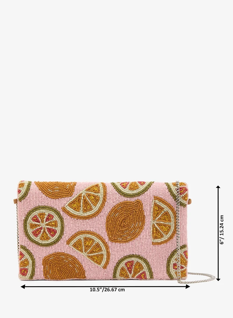 Ginger Boutique Pink Embroidered Beaded Fruit Print Clutch for Women | Best Price UAE
