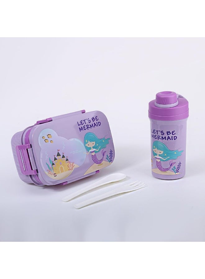 موبكوس صندوق غداء للطلاب مع زجاجة مياه بتصميم كرتوني، صندوق غداء مزدوج الطبقات للبالغين للعمل مع شوكة سعة 1800 مل وكوب شرب سعة 500 مل (أرجواني) - Image 2