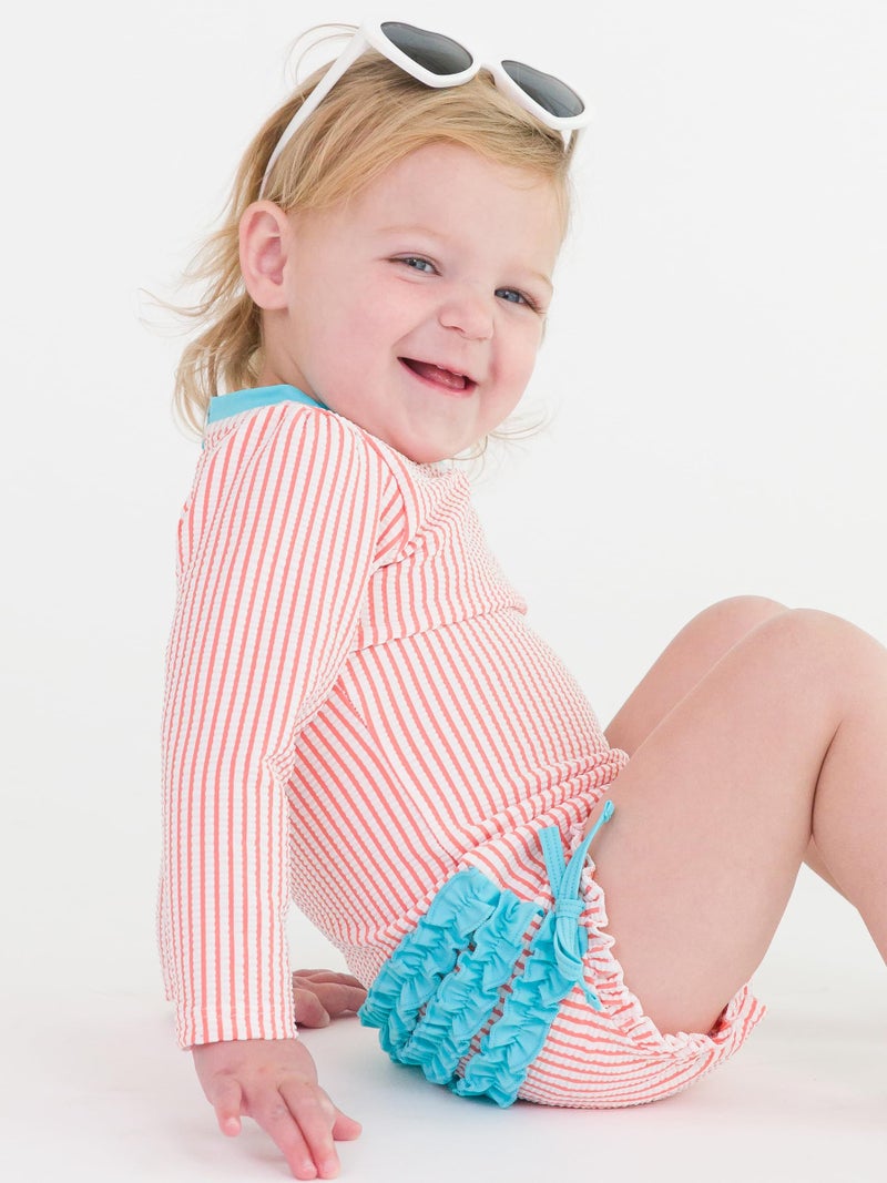 RuffleButts Coral Seersucker Long Sleeve One Piece Rash Guard - 2T - Image 2