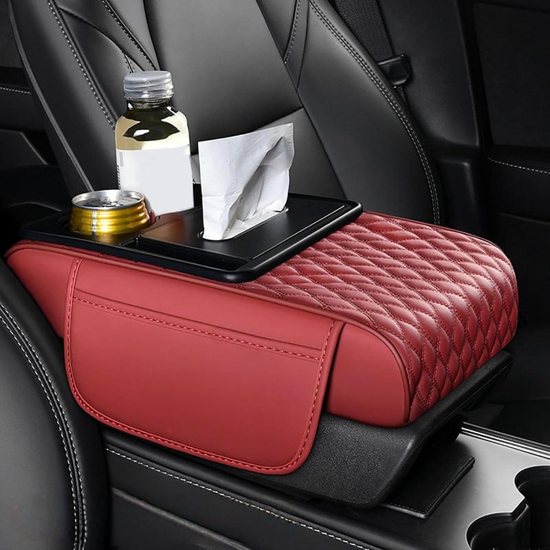 LINGYUE Car Armrest Cushion for Alfa Romeo 33 Alfasud Arna Giulietta MiTo,Thicken Height Pad Arm Rest Cushion with Pocket Tissue Cup Holder Memory Cotton,Red - Image 1