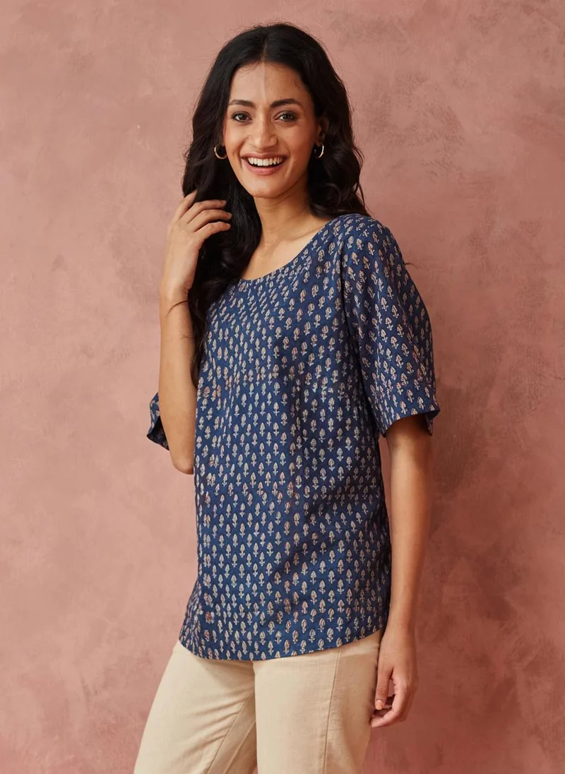 Fabindia Blue Cotton Printed Top