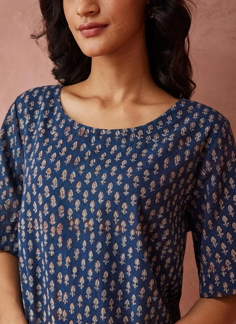 Fabindia Blue Cotton Printed Top