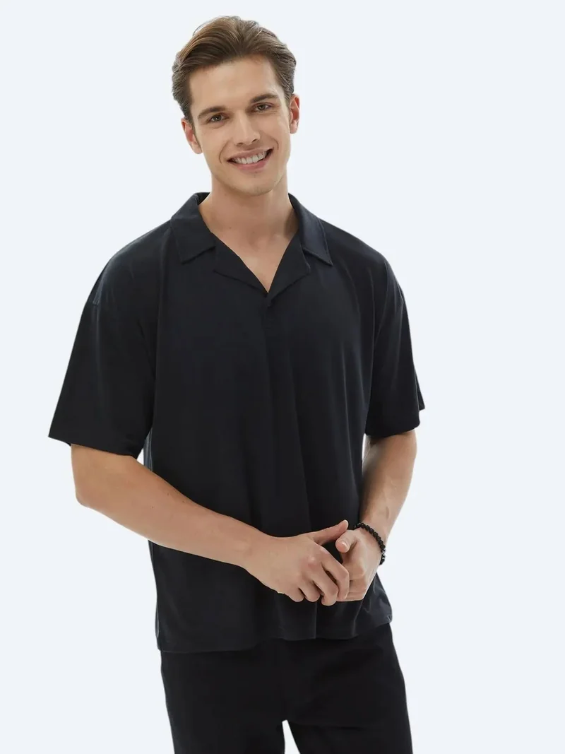 Kip Black Jacquard Cuban Collar T-Shirt