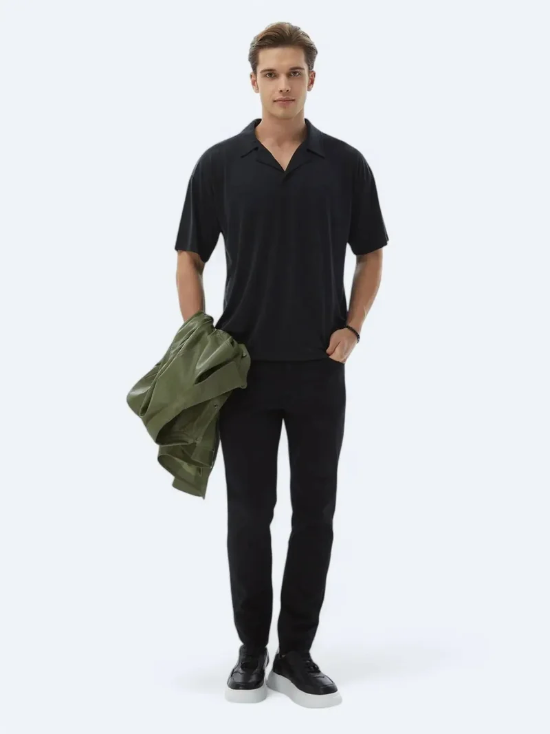 Kip Black Jacquard Cuban Collar T-Shirt