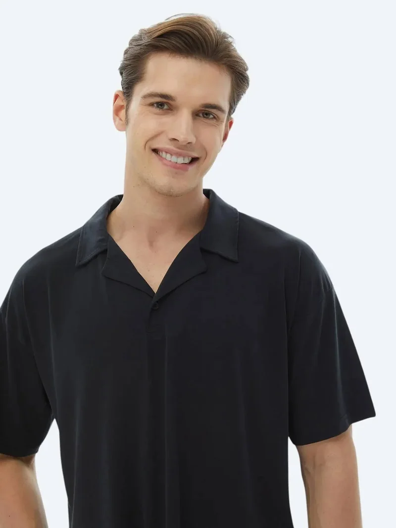 Kip Black Jacquard Cuban Collar T-Shirt