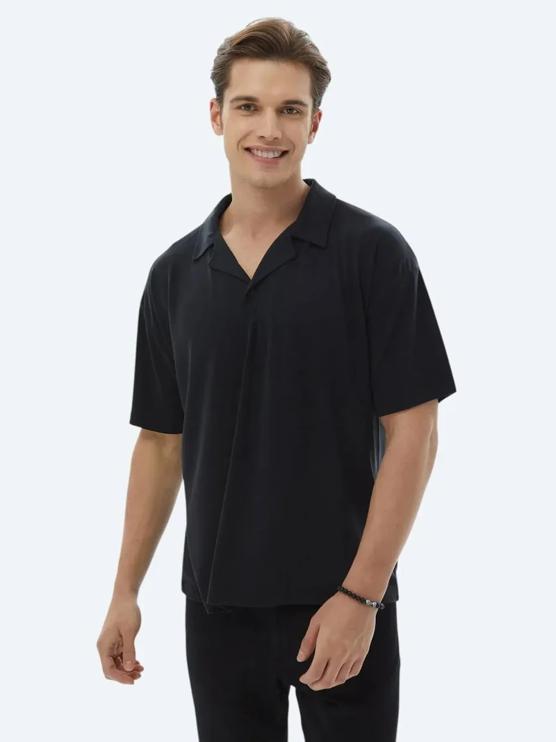Kip Black Jacquard Cuban Collar T-Shirt