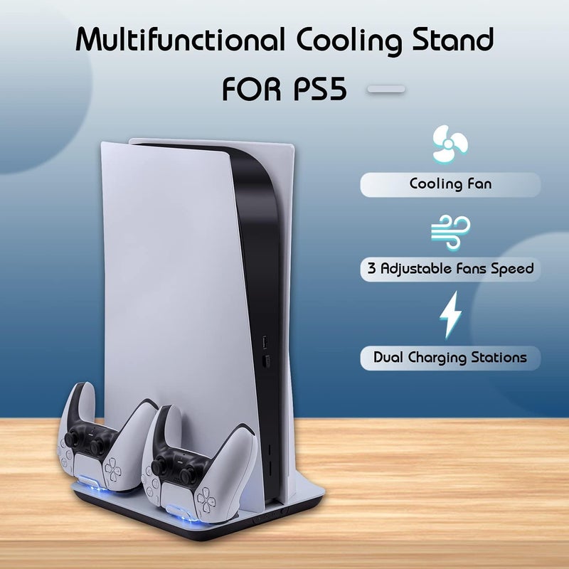 MAKINGTEC Cooling Fan and Dual Controller Charger Station for PS5 Console, Cooler Station and Charging Dock with Extra USB Ports for Playstation 5 UHD and Digital Edition, White - Image 2