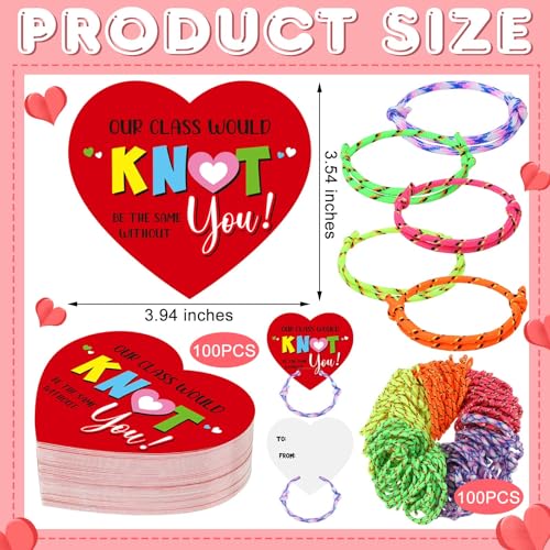 PullCrease 100 Pack Valentine Knot Bracelets with Card Student Valentine Gifts from Teacher Bulk Kids Friendship Bracelets Will Knot Be The Same Without You Classroom Exchange Cards for Party Favors - Image 5