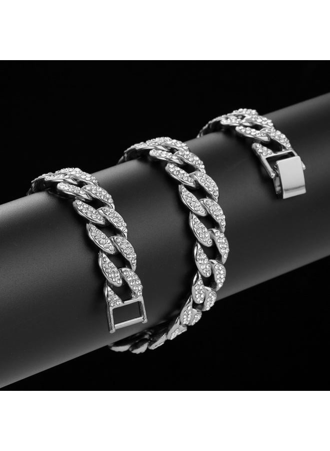 Saintda Cuban Link Chain Men Necklace Bracelet Jewelry Set Silver Fake Diamond Iced Out Bling Thick Necklaces Women Chains (Silver-14mm,24inch) - Image 4