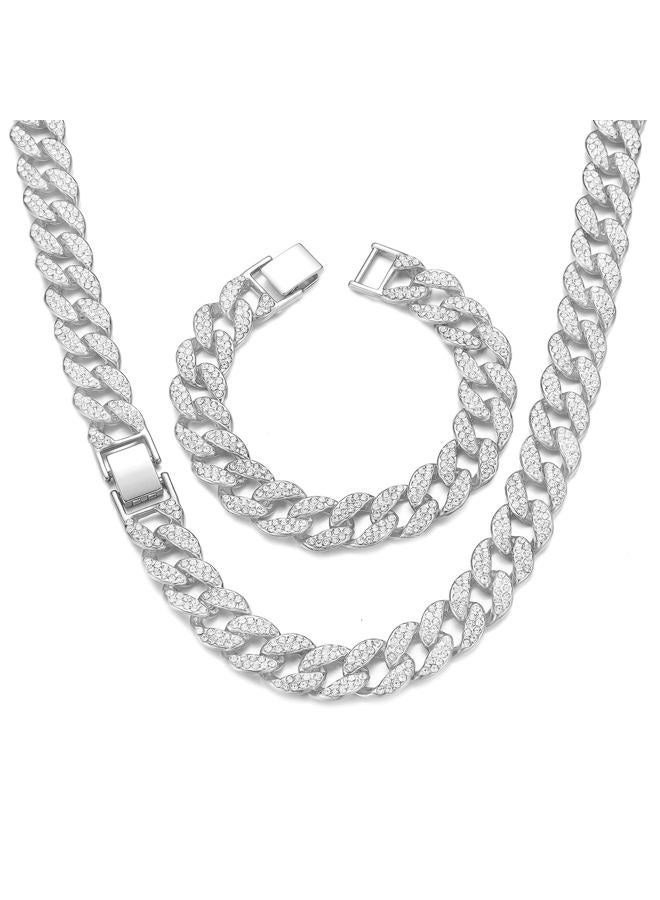 Saintda Cuban Link Chain Men Necklace Bracelet Jewelry Set Silver Fake Diamond Iced Out Bling Thick Necklaces Women Chains (Silver-14mm,24inch) - Image 1