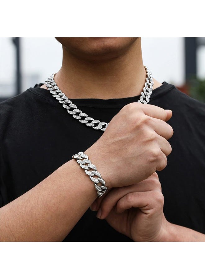 Saintda Cuban Link Chain Men Necklace Bracelet Jewelry Set Silver Fake Diamond Iced Out Bling Thick Necklaces Women Chains (Silver-14mm,24inch) - Image 2