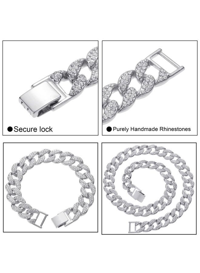 Saintda Cuban Link Chain Men Necklace Bracelet Jewelry Set Silver Fake Diamond Iced Out Bling Thick Necklaces Women Chains (Silver-14mm,24inch) - Image 3