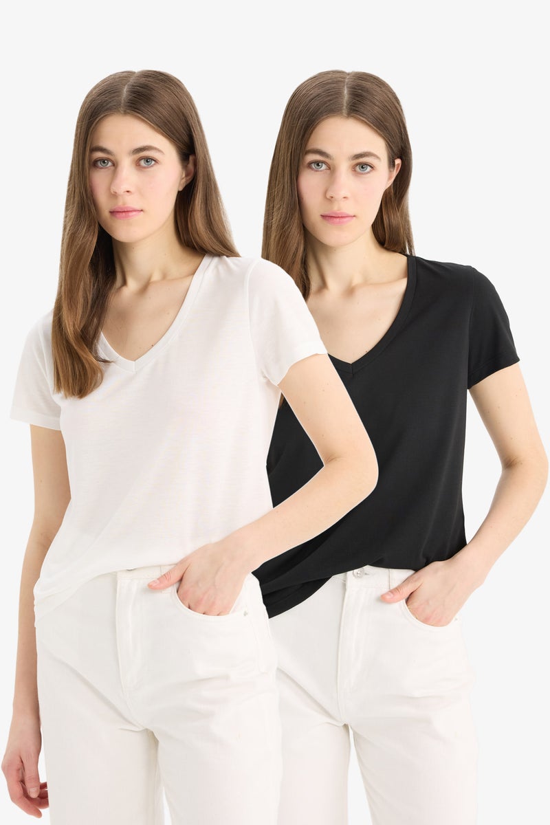 DeFacto Woman Regular Fit V Neck Basic 2 Piece T-Shirt - Image 1