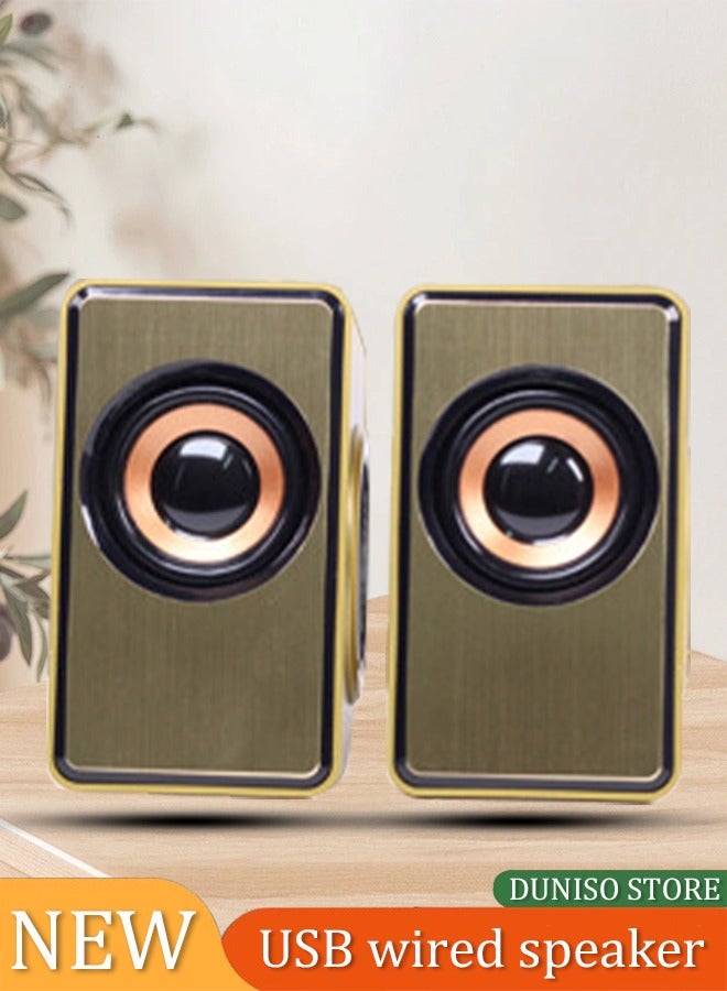 DUNISO 2 pieces of Computer speaker, USB wired mini speaker, subwoofer sound quality, adjustable volume, dual independent diaphragm, suitable for computers, phones, tablets, gold  - Image 1