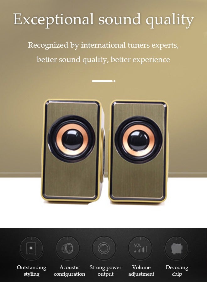DUNISO 2 pieces of Computer speaker, USB wired mini speaker, subwoofer sound quality, adjustable volume, dual independent diaphragm, suitable for computers, phones, tablets, gold  - Image 4
