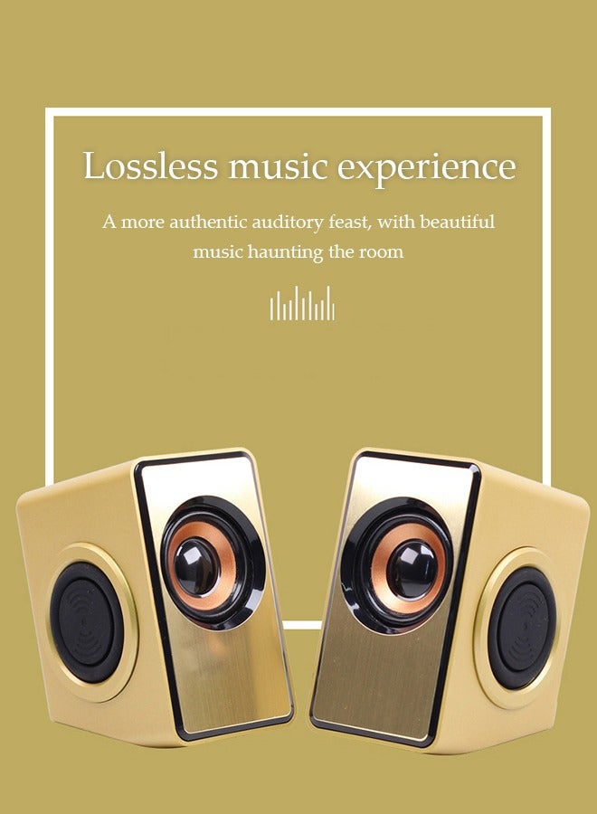 DUNISO 2 pieces of Computer speaker, USB wired mini speaker, subwoofer sound quality, adjustable volume, dual independent diaphragm, suitable for computers, phones, tablets, gold  - Image 3
