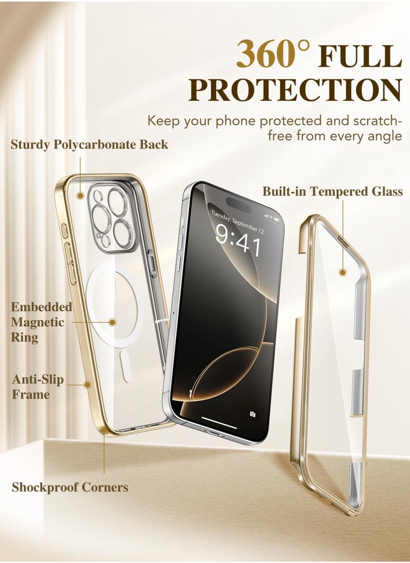 BERFY Magnetic for iPhone 16 Pro Case Compatible with Magsafe Built-in 9H Tempered Glass Screen Protector & Upgraded Camera Protection Full-Body Plating Shockproof Phone Case for 16 Pro 6.3" Gold  - Image 3