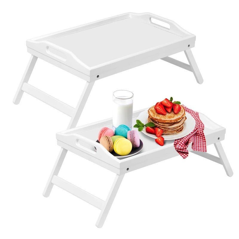 Artmeer Bed Tray Table with Foldable LegsBamboo Breakfast Tray with Handles Ideal for Sofa Bed EatingWorkingUsed As Laptop Desk Snack Tray 2 PackWhite
