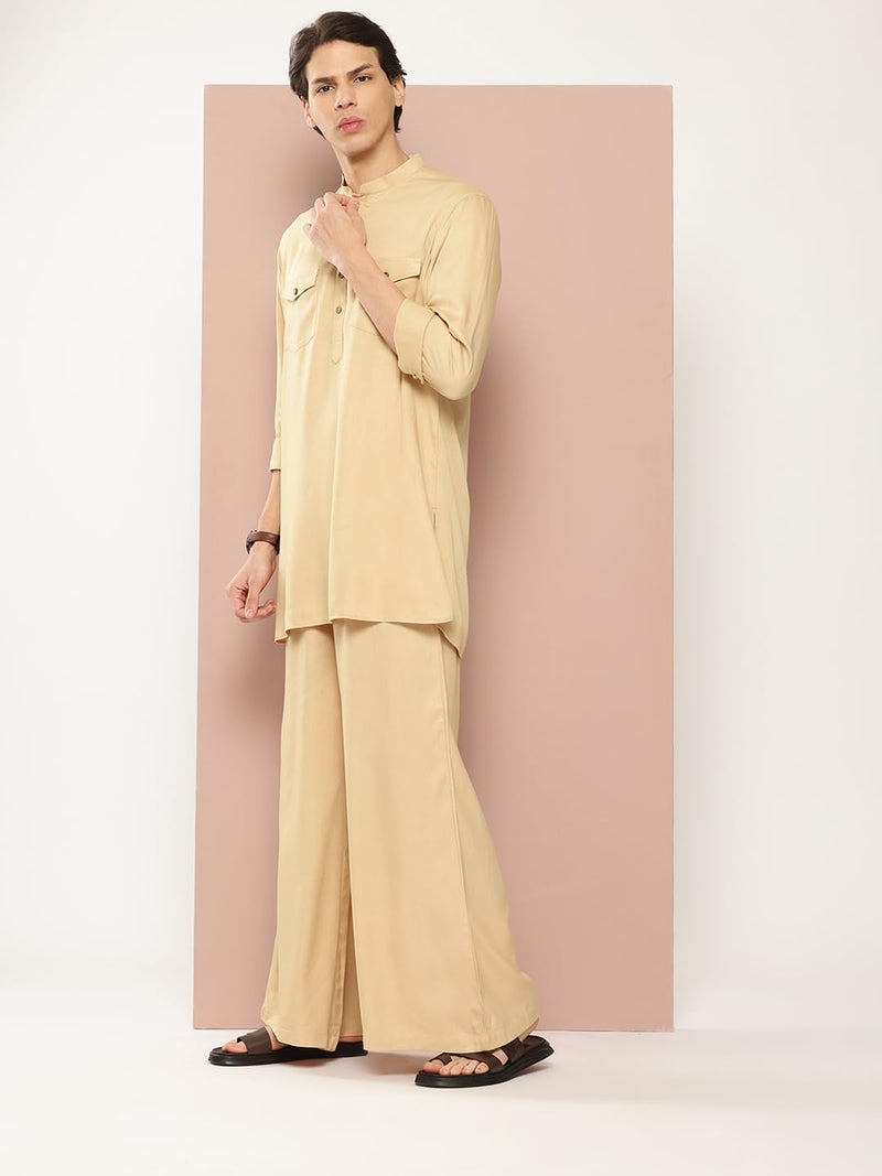 See Designs Men's Long Sleeve Curved Hem Mandarin Collar Beige Rayon Solid Pathani Sets - SDKT656S - Image 2