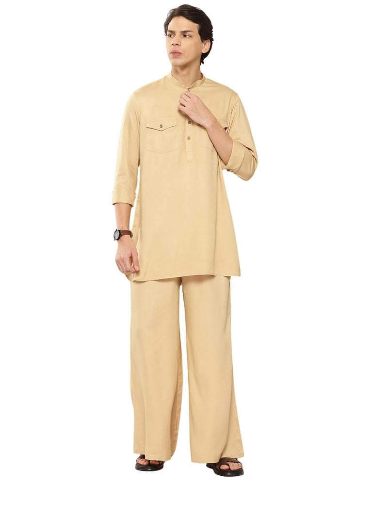 See Designs Men's Long Sleeve Curved Hem Mandarin Collar Beige Rayon Solid Pathani Sets - SDKT656S - Image 1