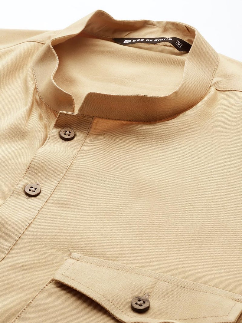 See Designs Men's Long Sleeve Curved Hem Mandarin Collar Beige Rayon Solid Pathani Sets - SDKT656S - Image 4