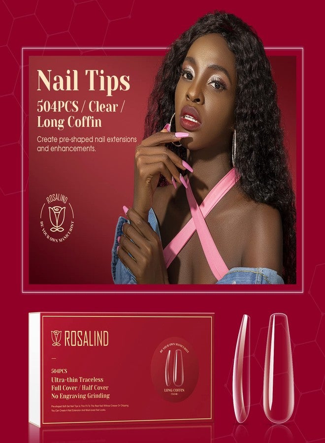 روزاليند 504 قطعة من أطراف الأظافر الطويلة الشفافة ذات الشكل التابوتي، تغطي كامل الأظافر، من روزاليند، أطراف أظافر جل طويلة على شكل تابوت لتطويل الأظافر، أظافر أكريليك صناعية مع علبة، 12 مقاسًا للنساء، صالون تجميل الأظافر المنزلي - Image 2