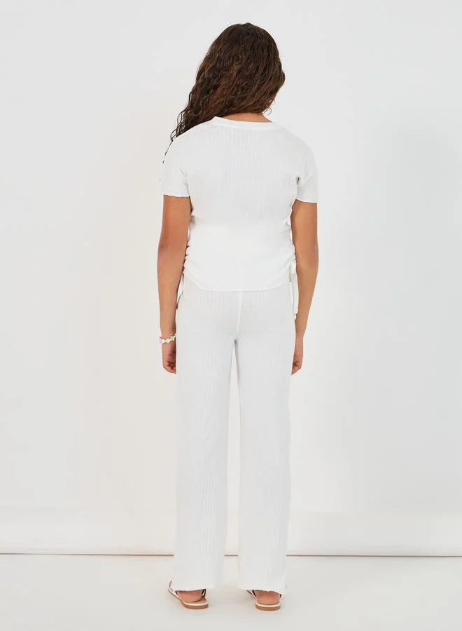 Styli Rib Round Neck Ruched Detail T-Shirt and Wide Leg Joggers Co-Ords