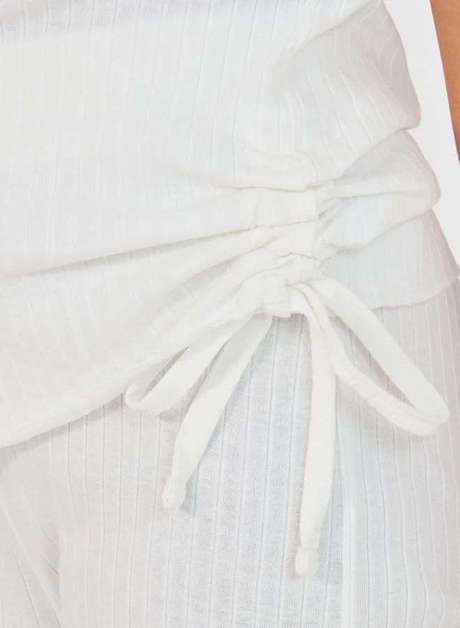 Styli Rib Round Neck Ruched Detail T-Shirt and Wide Leg Joggers Co-Ords