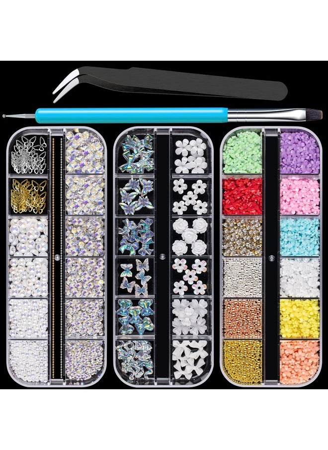 BELLEBOOST Mixed 3D Nail Art Gem Decoration Accessories Kit 1 Aurora Bear Bow Butterfly Starry Ab Rhinestone Charm Jewelry For Deco Pearl Flower Caviar Bead Stone Crystal With Dualend Brush And Tweezer  - Image 1