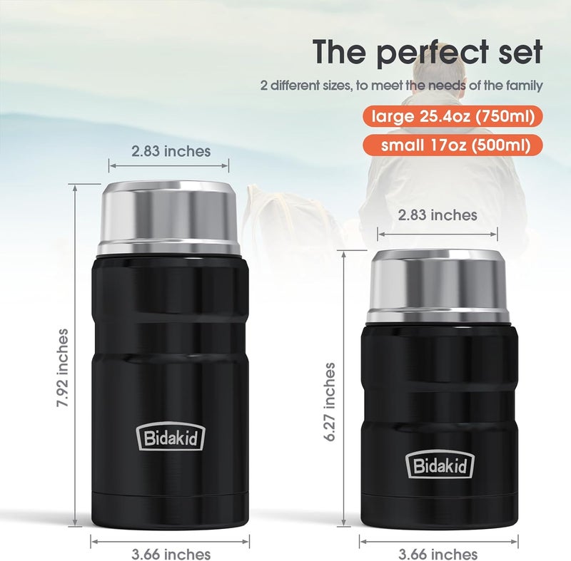 Bidakid Insulated Food Jar Set – 25.4oz & 17oz Stainless Steel Containers with Folding Spoon and Carrying Bags – Leak-Proof, Keeps Food Hot or Cold for up to 12 Hours – Ideal for Work, School, Travel - Image 2