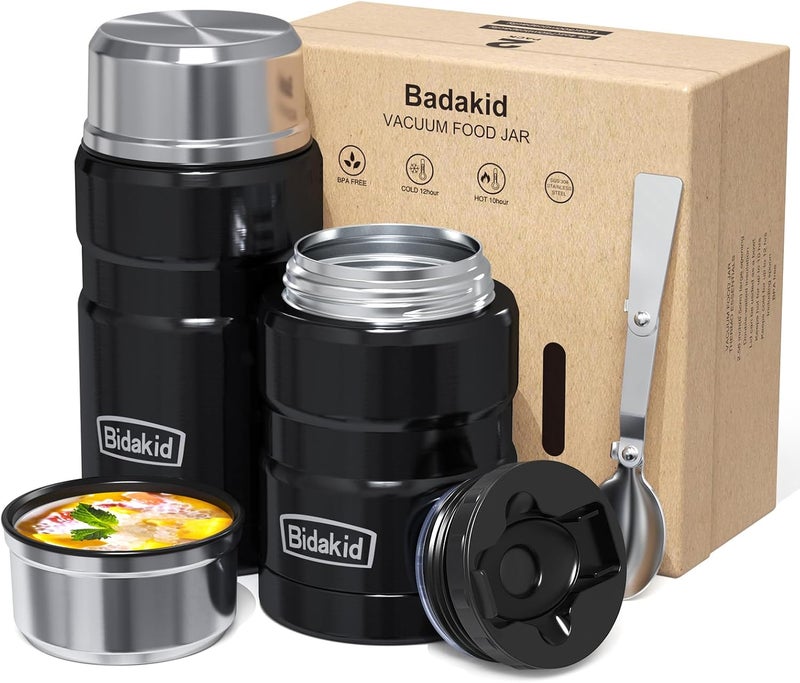 Bidakid Insulated Food Jar Set – 25.4oz & 17oz Stainless Steel Containers with Folding Spoon and Carrying Bags – Leak-Proof, Keeps Food Hot or Cold for up to 12 Hours – Ideal for Work, School, Travel - Image 1