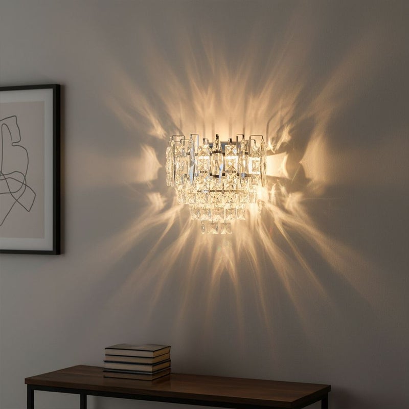 DANUBE HOME Amira Crystal Wall Lamp Contemporary Indoor Wall Lamps Wall Mounted Lanterns E14 Bulb Base Modern Design Indoor Lighting For Bedroom Dining Living Room L28xW28xH20cm-Chrome - Image 1
