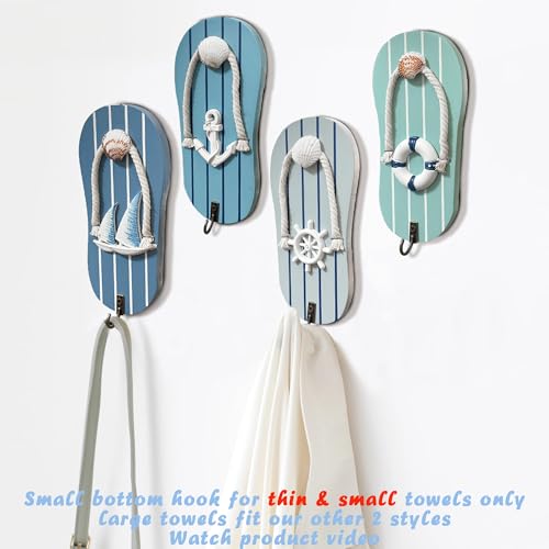 KYIEN Cute Flip Flop Small Towel Wall Hooks Wooden BeachThemed Rack with Metal Hooks 93 Coastal Decor for Bathroom Poolside Beach Houses for Hanging Key Purse Blue and White - Image 3