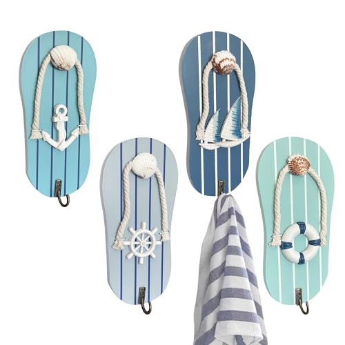 KYIEN Cute Flip Flop Small Towel Wall Hooks Wooden BeachThemed Rack with Metal Hooks 93 Coastal Decor for Bathroom Poolside Beach Houses for Hanging Key Purse Blue and White - Image 1